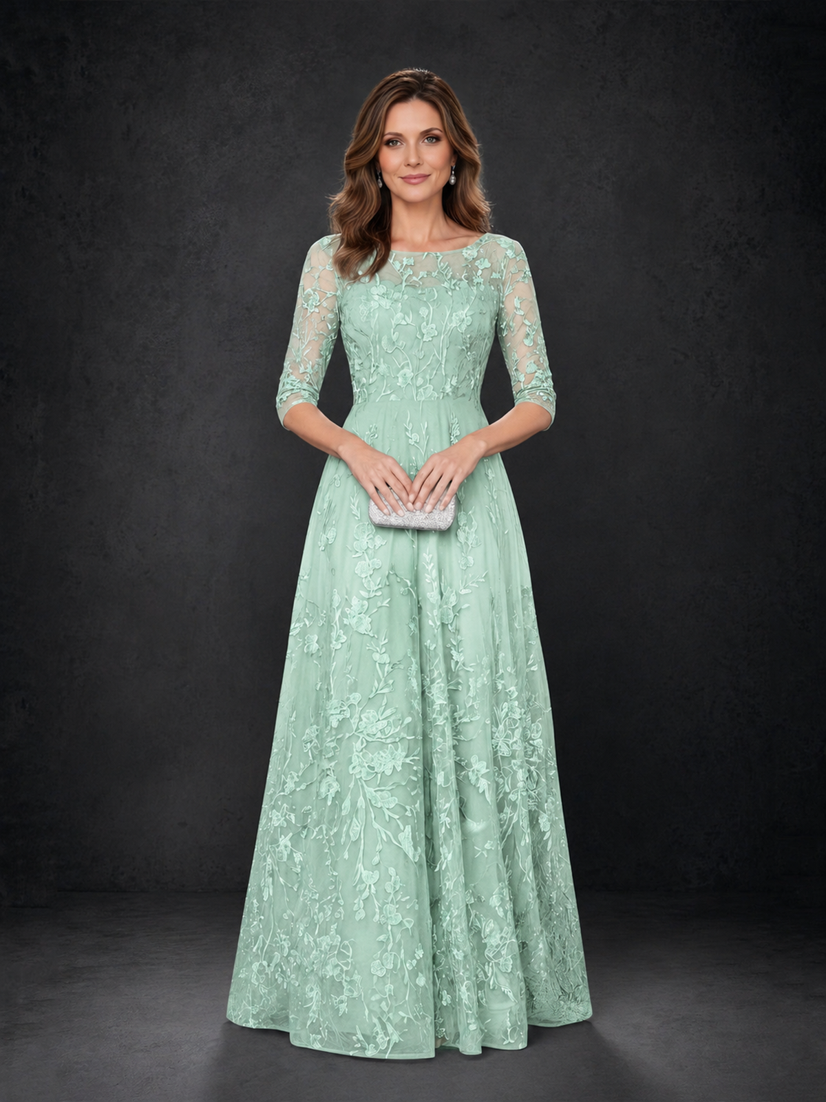 BOLODOO Mint Green Illusion Bateau Neck 3/4 Sleeve Floral Lace A-Line Mother of the Bride Dress MX007 - Mint Green - Mint Green_04