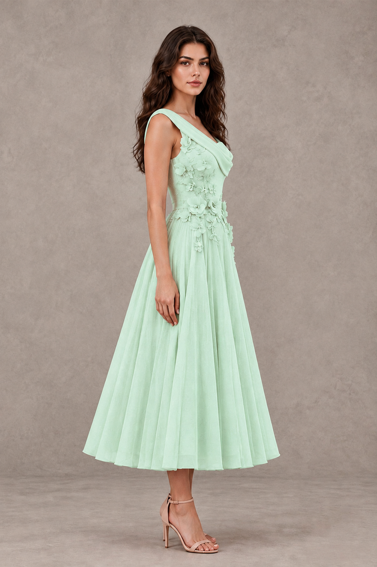 BOLODOO Mint Green One-Shoulder Floral Tulle Tea-Length Dress - Mint Green - Mint Green_04