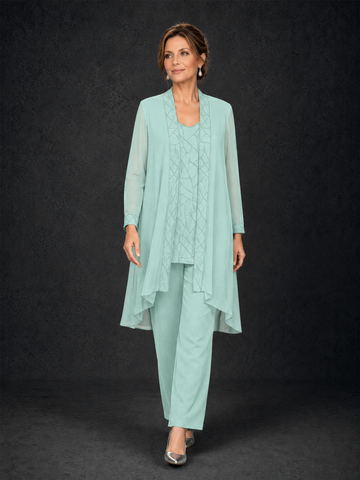BOLODOO Mint Green 3-Piece Beaded Chiffon Duster Jacket Pant Suit - Mint Green - Mint Green_04