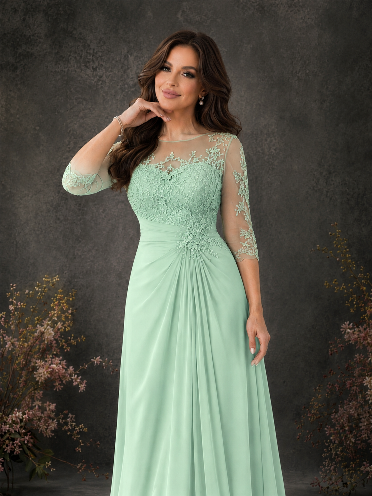 BOLODOO Mint Green Chiffon Lace Illusion Neckline 3/4 Sleeve Floor Length Formal Gown - Mint Green - Mint Green_04
