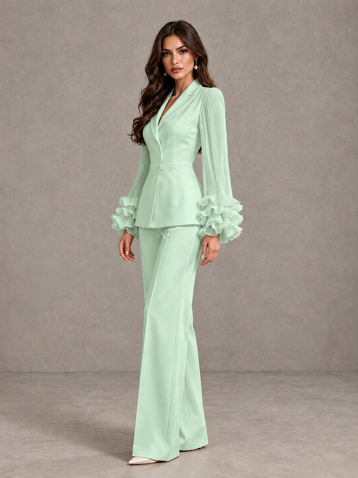 BOLODOO Mint Green Mother of the Bride Pant Suit – Pleated Long Sleeve Ruffle Cuff Wide Leg Trouser Suit - Mint Green - Mint Green_04