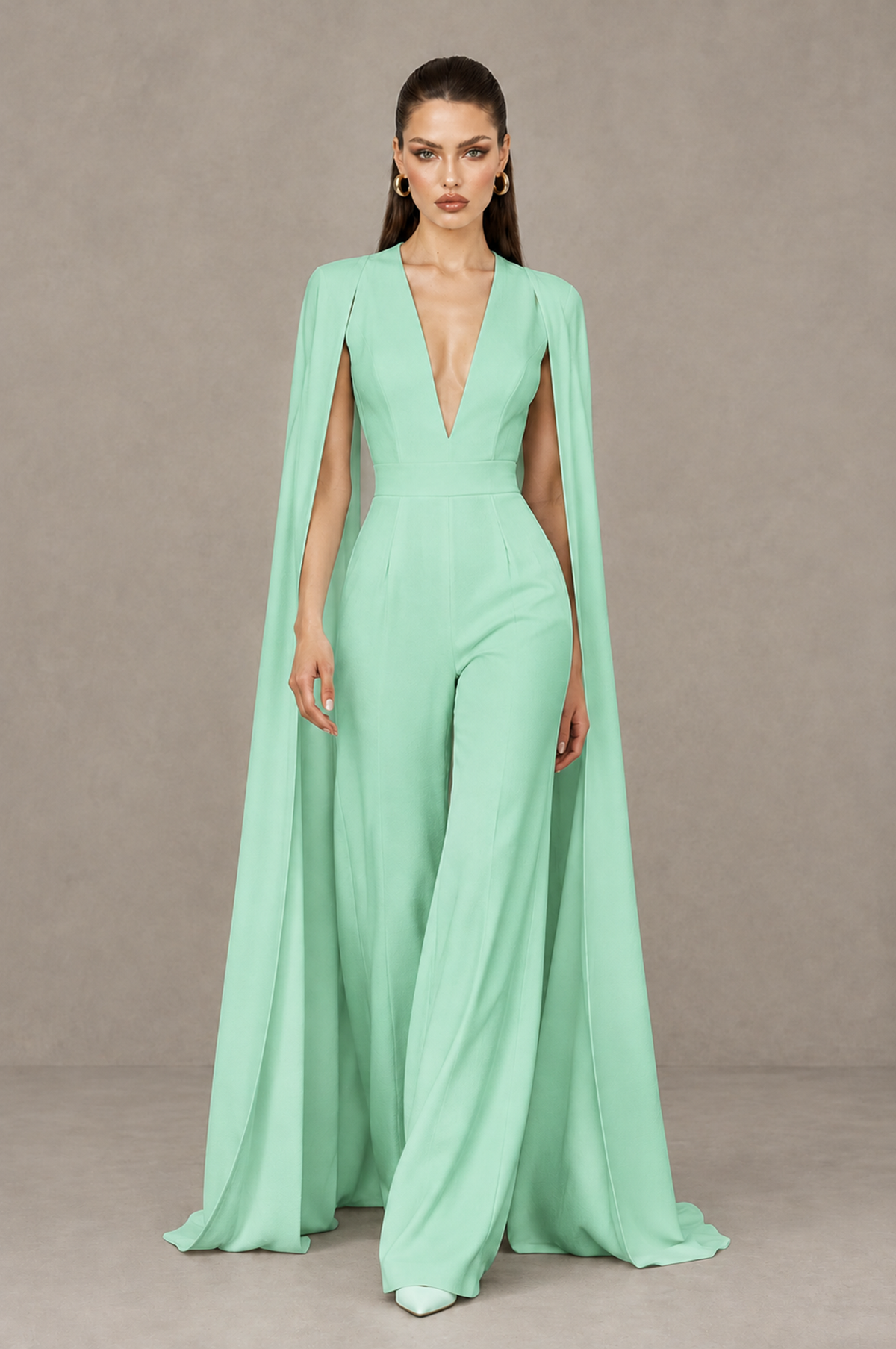 BOLODOO Mint Green Deep V-Neck Cape Sleeve Bridal Jumpsuit - Mint Green - Mint Green_04