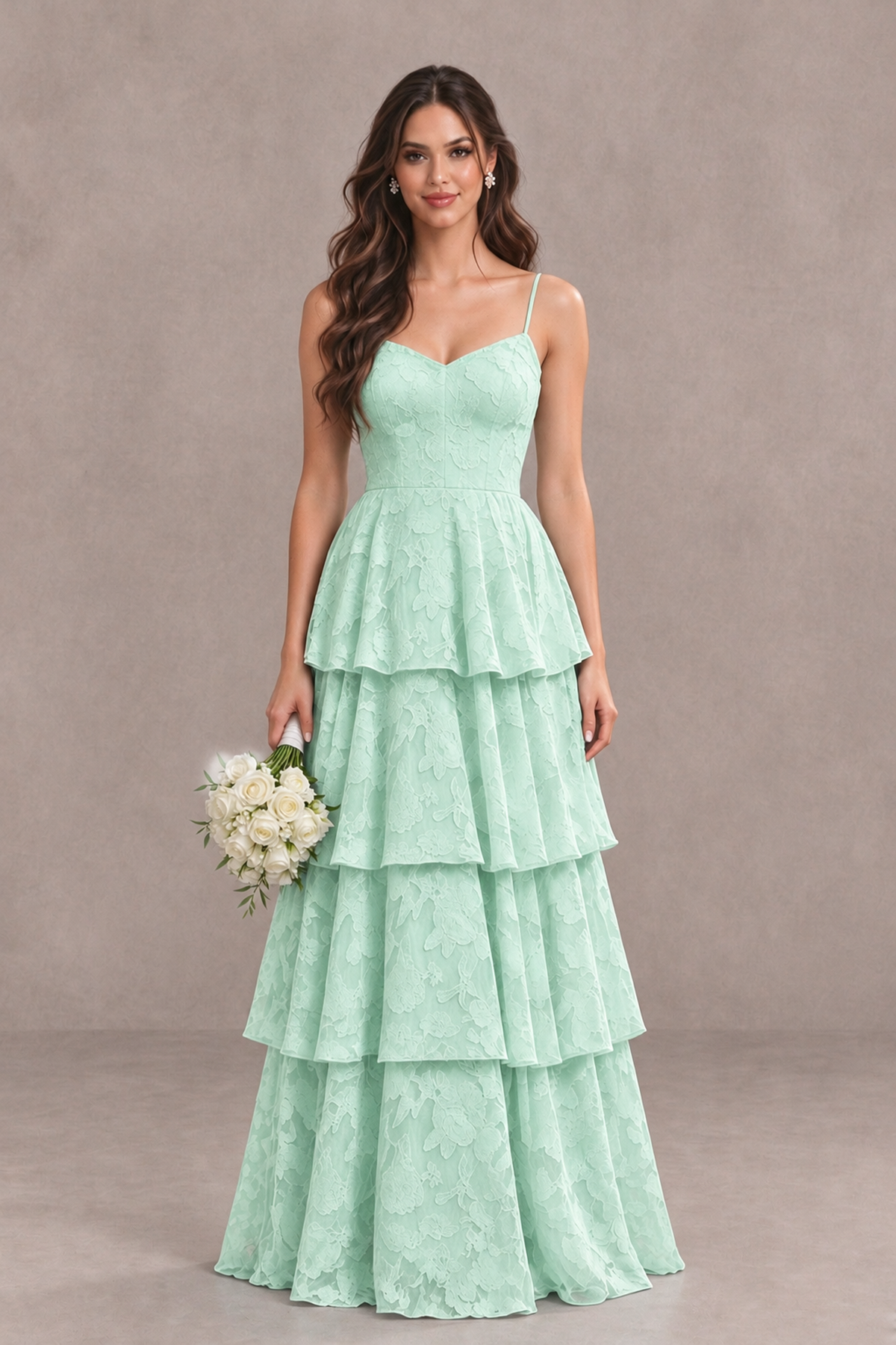 BOLODOO Mint Green Tiered Floral-Textured Spaghetti Strap Maxi Dress - Mint Green - Mint Green_1