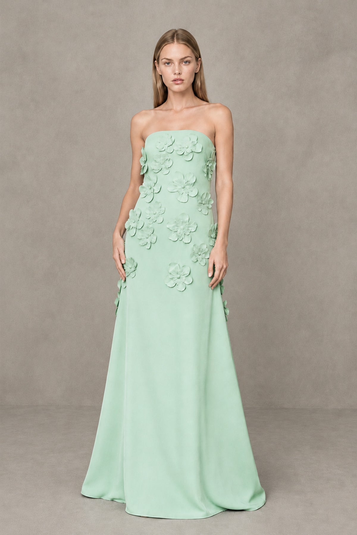 BOLODOO Mint Green Strapless 3D Floral Appliqué Crepe Maxi Gown - Mint Green - Mint_Green_1
