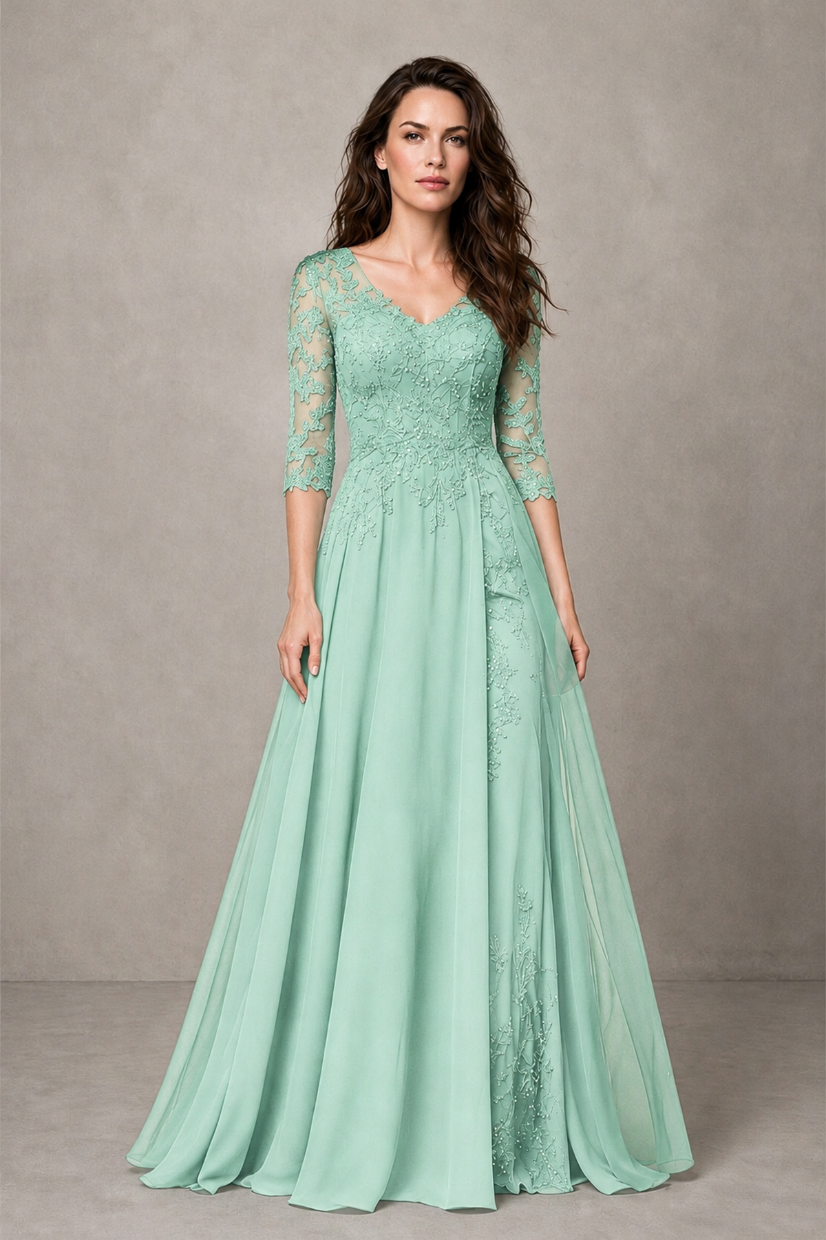 BOLODOO Midnight Mint Green Beaded Lace Appliqué Chiffon A-Line Gown | Mother of the Bride & Formal Evening Dress - Mint Green - Mint Green_1
