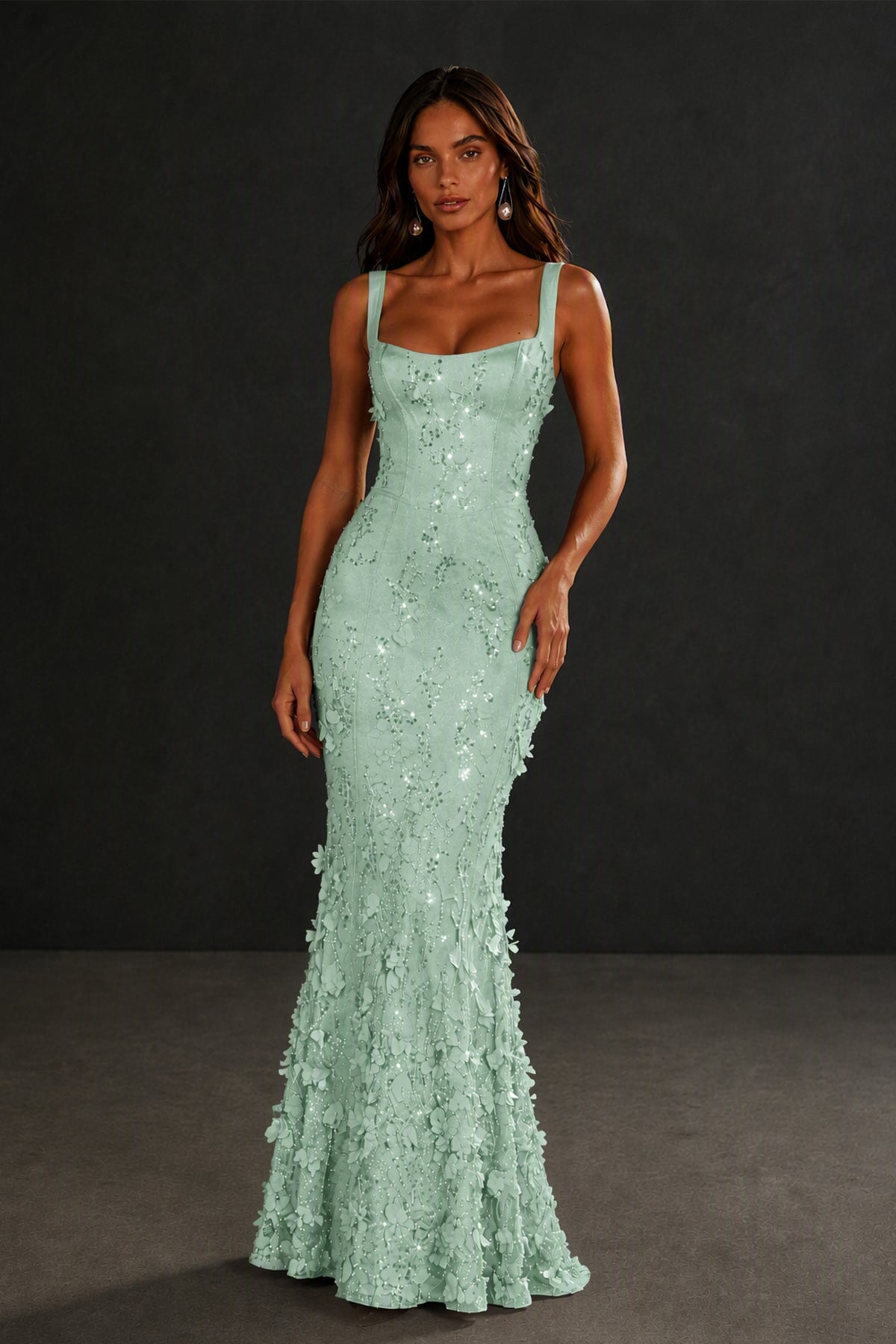 BOLODOO Mint Green Sequin 3D Floral Mermaid Maxi Gown – Lace-Up Back Formal Dress - Mint Green