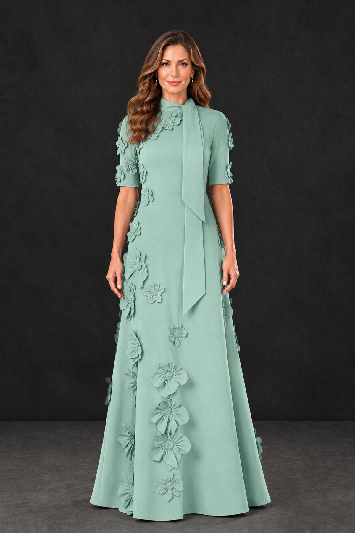 BOLODOO Mint Green Floral Applique High-Neck Half-Sleeve Gown - Mint Green - Mint Green_1