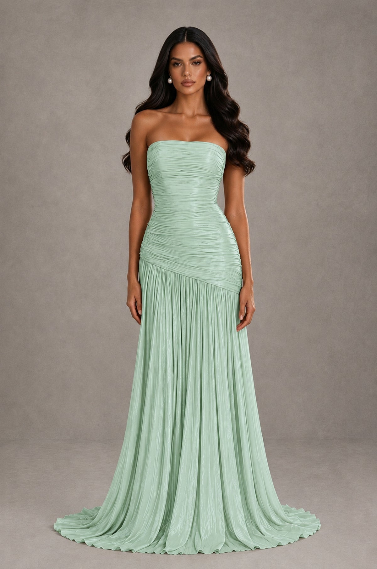 BOLODOO Mint Green Metallic Ruched Strapless Pleated A-Line Backless Maxi Dress with Train - Mint Green - Mint Green_1