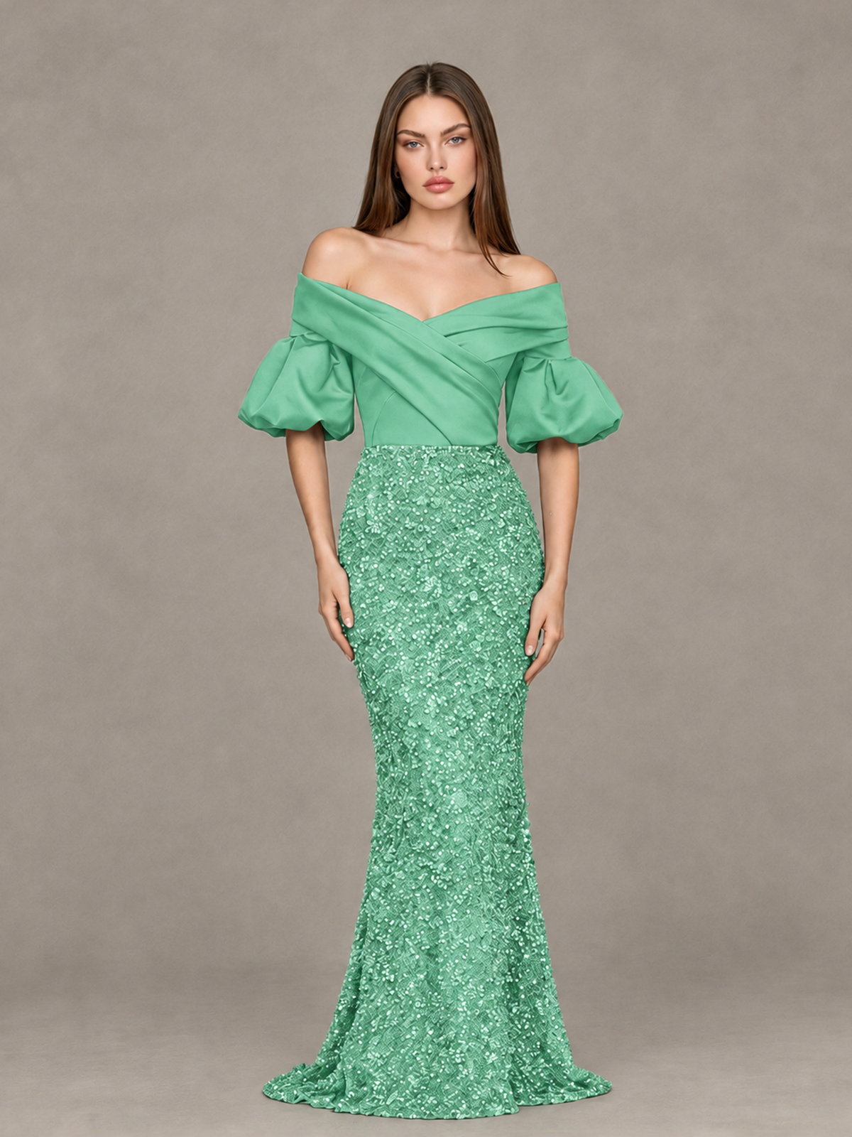 BOLODOO Mint Green Off-Shoulder Puff Sleeve Sequin Mermaid Evening Dress - Mint Green - Mint Green_1