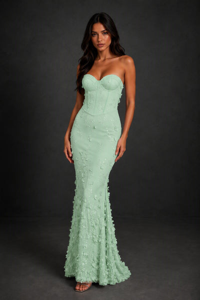 BOLODOO Mint Green 3D Floral Sequin Corset Strapless Mermaid Gown - Mint Green