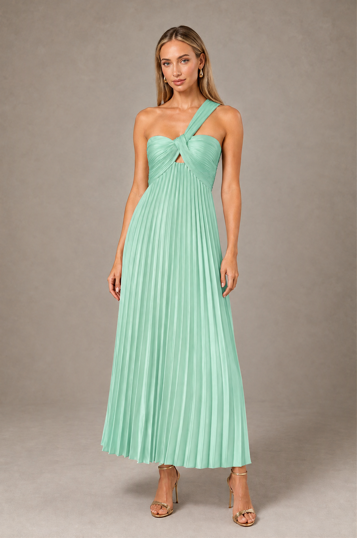 BOLODOO Mint Green One-Shoulder Twist Knot Pleated Satin Midi Dress with Cutout - Mint Green - Mint_Green_1