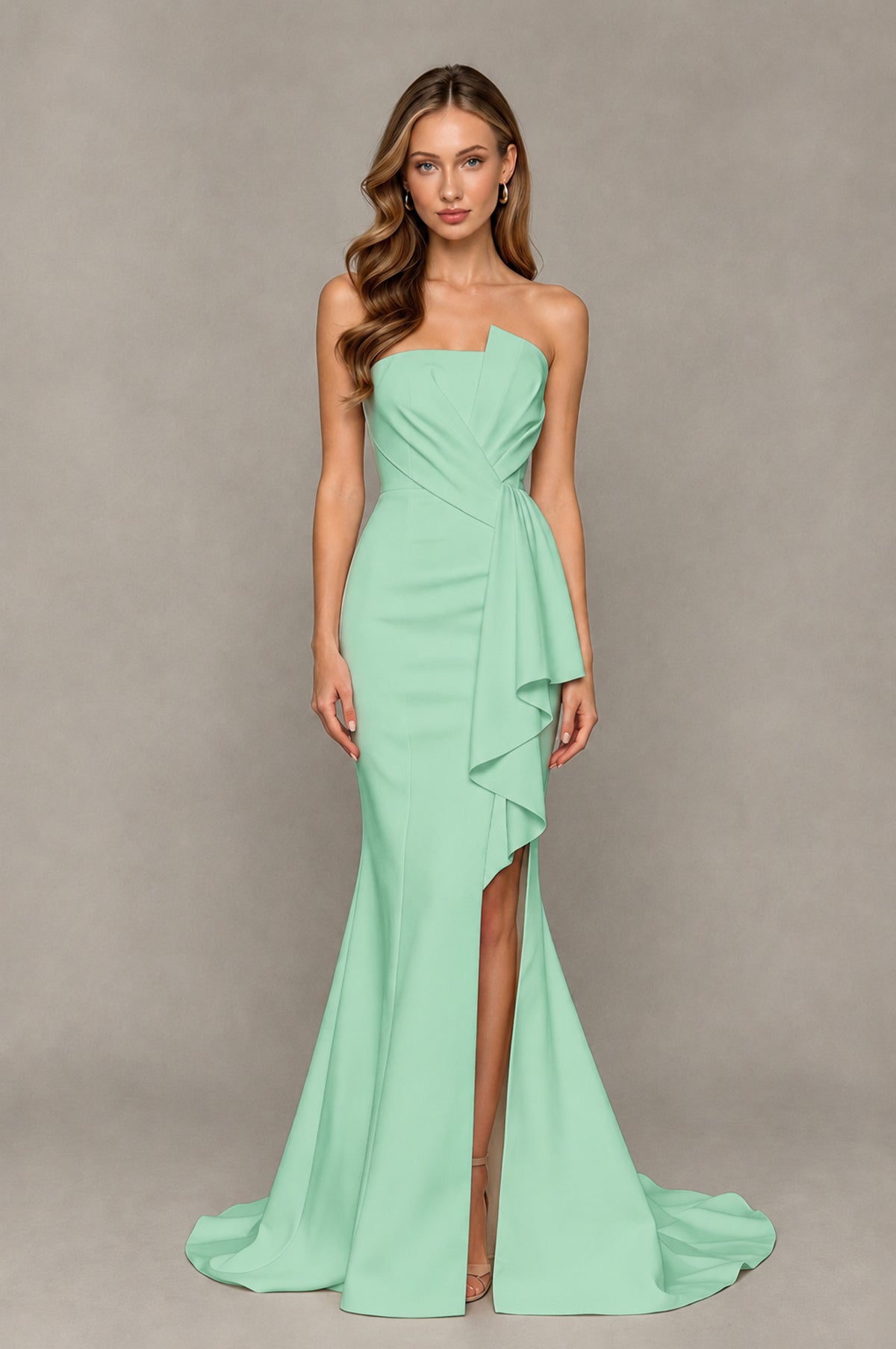 BOLODOO Mint Green Strapless Mermaid Evening Dress with Ruffle Slit and Train - Mint Green - Mint Green_1