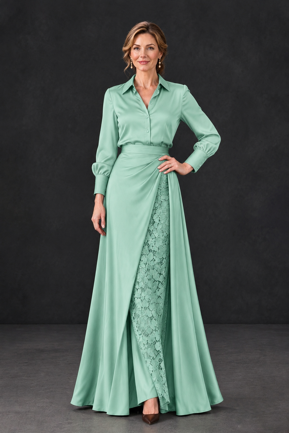 BOLODOO Mint Green Long Sleeve Satin-Look Lace Panel Gown - Mint Green - Mint Green_1