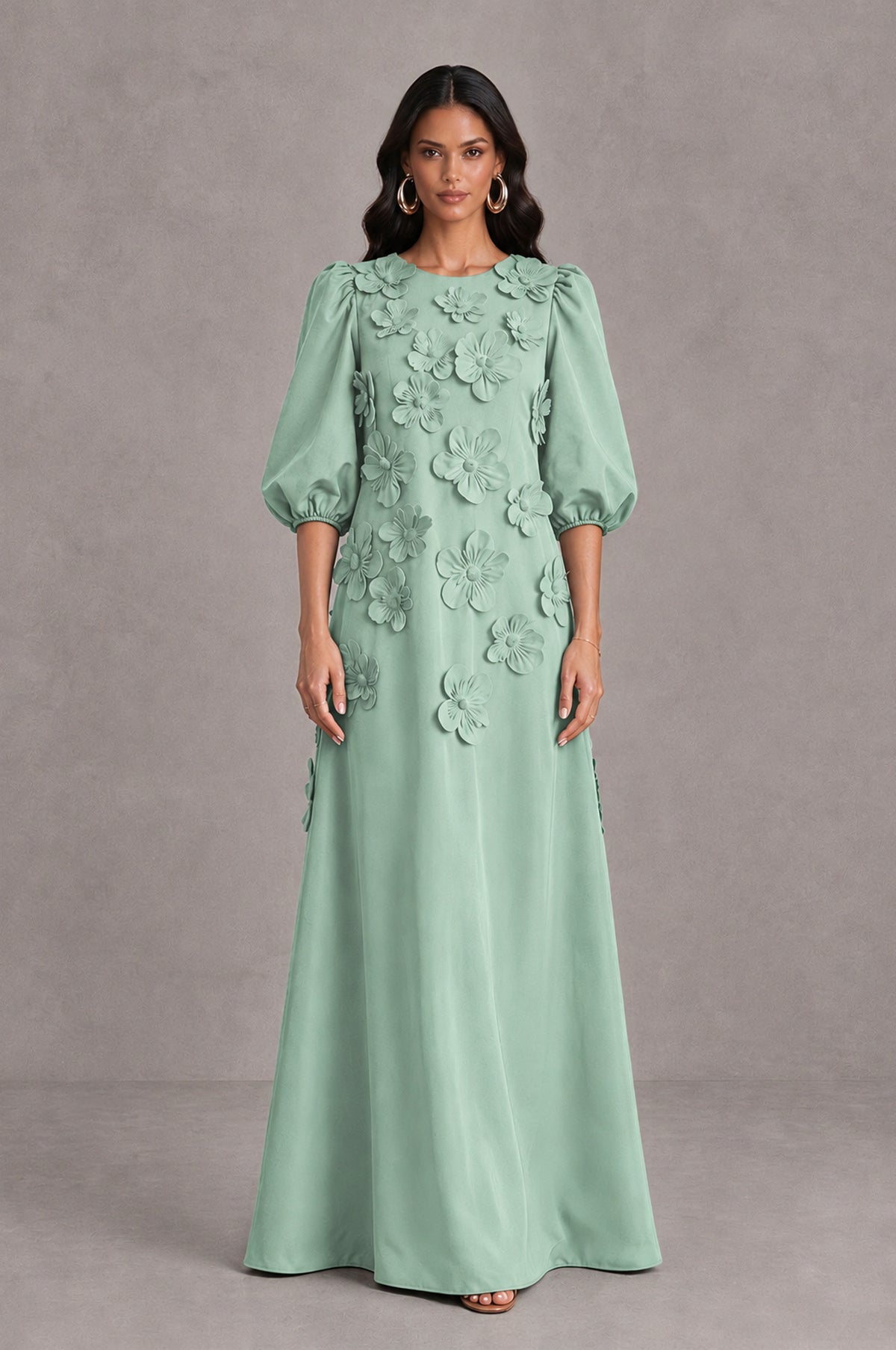 BOLODOO Mint Green Floral Applique Puff Sleeve A-Line Evening Dress - Mint Green - Mint Green_1