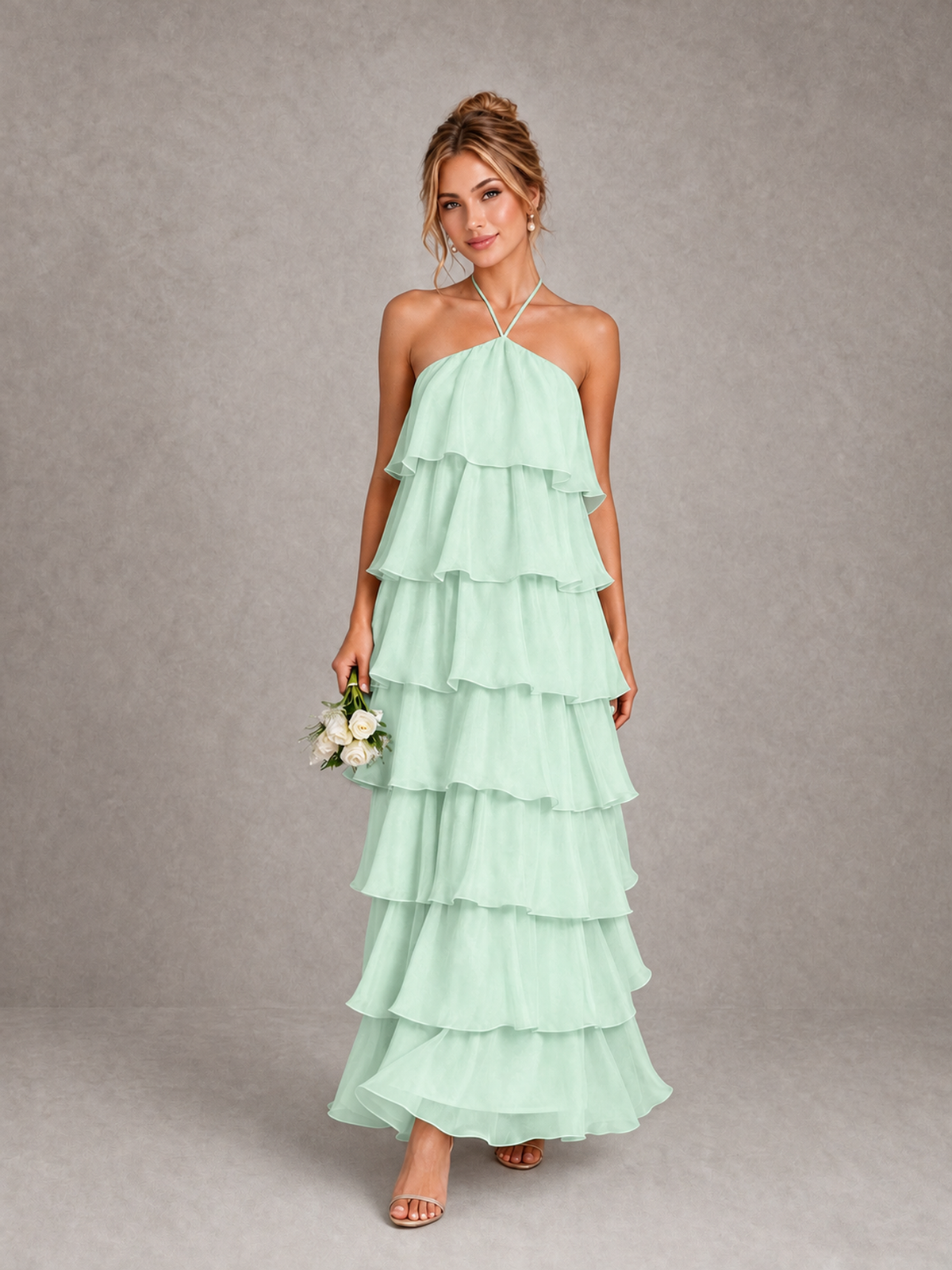 BOLODOO Mint Green Halter Tiered Ruffle Maxi Bridesmaid Dress - Mint Green - Mint Green_1