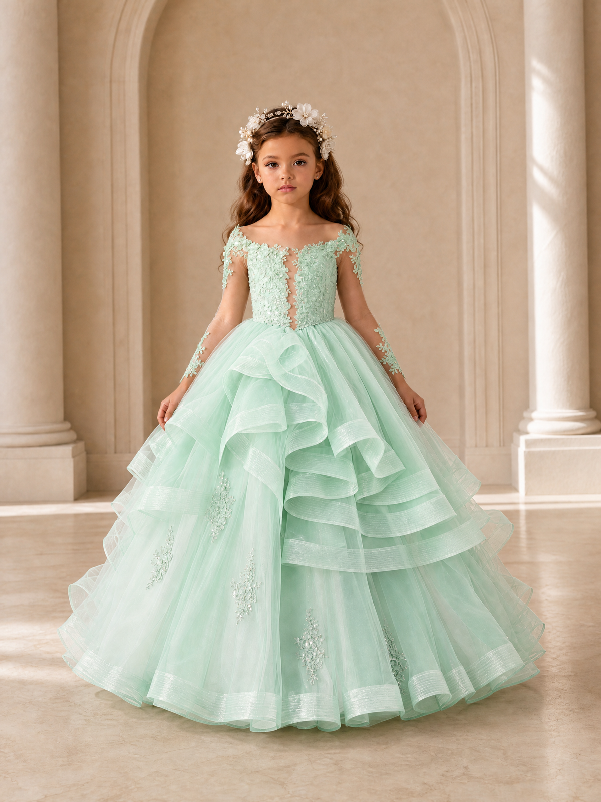 BOLODOO Mint Green Lace Long Sleeve Tiered Flower Girl Dress - Mint Green - Mint_Green_1
