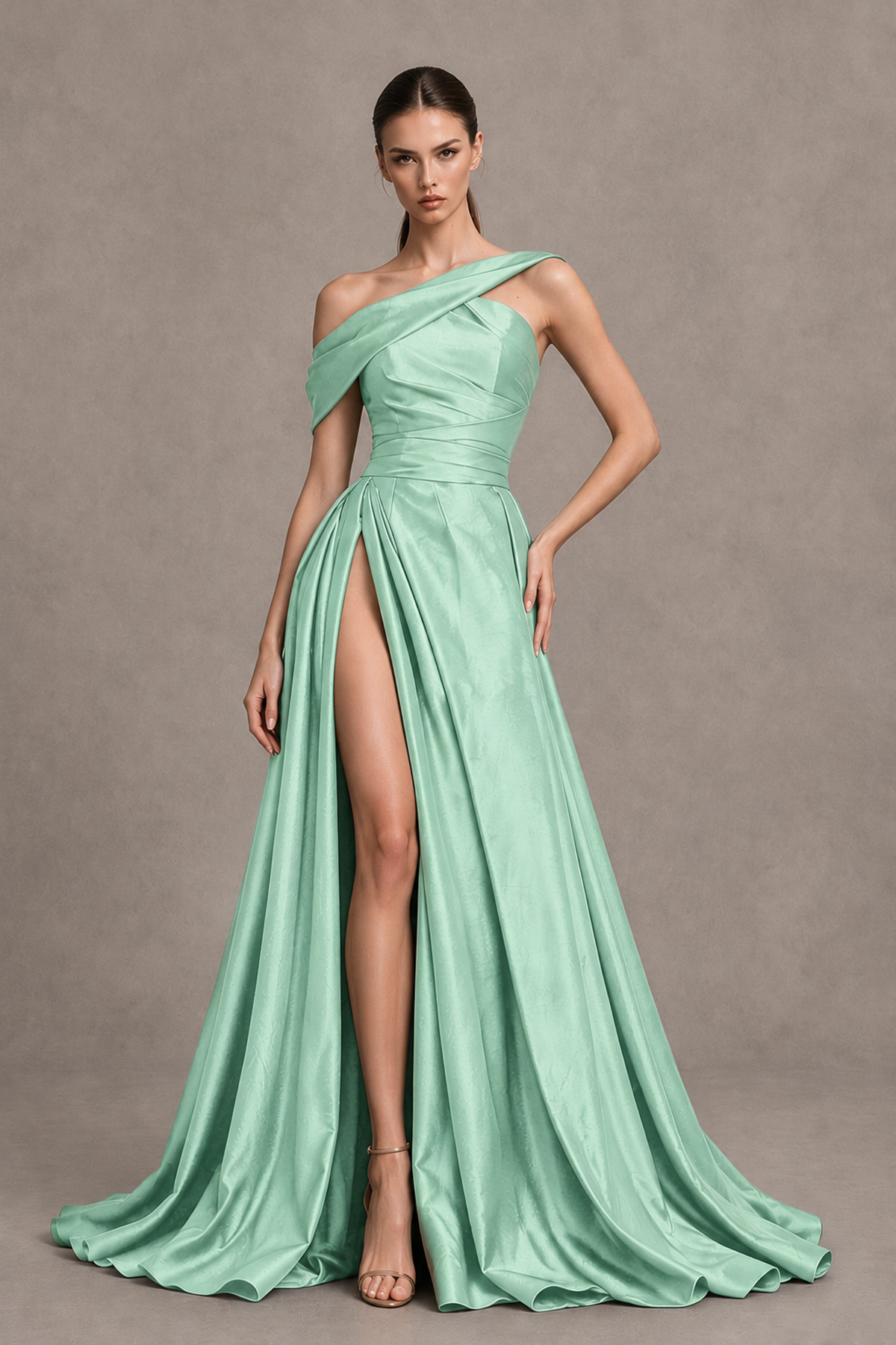 BOLODOO Mint Green Asymmetric Satin-Look A-Line Prom Dress with High Slit - Mint Green - Mint Green_1