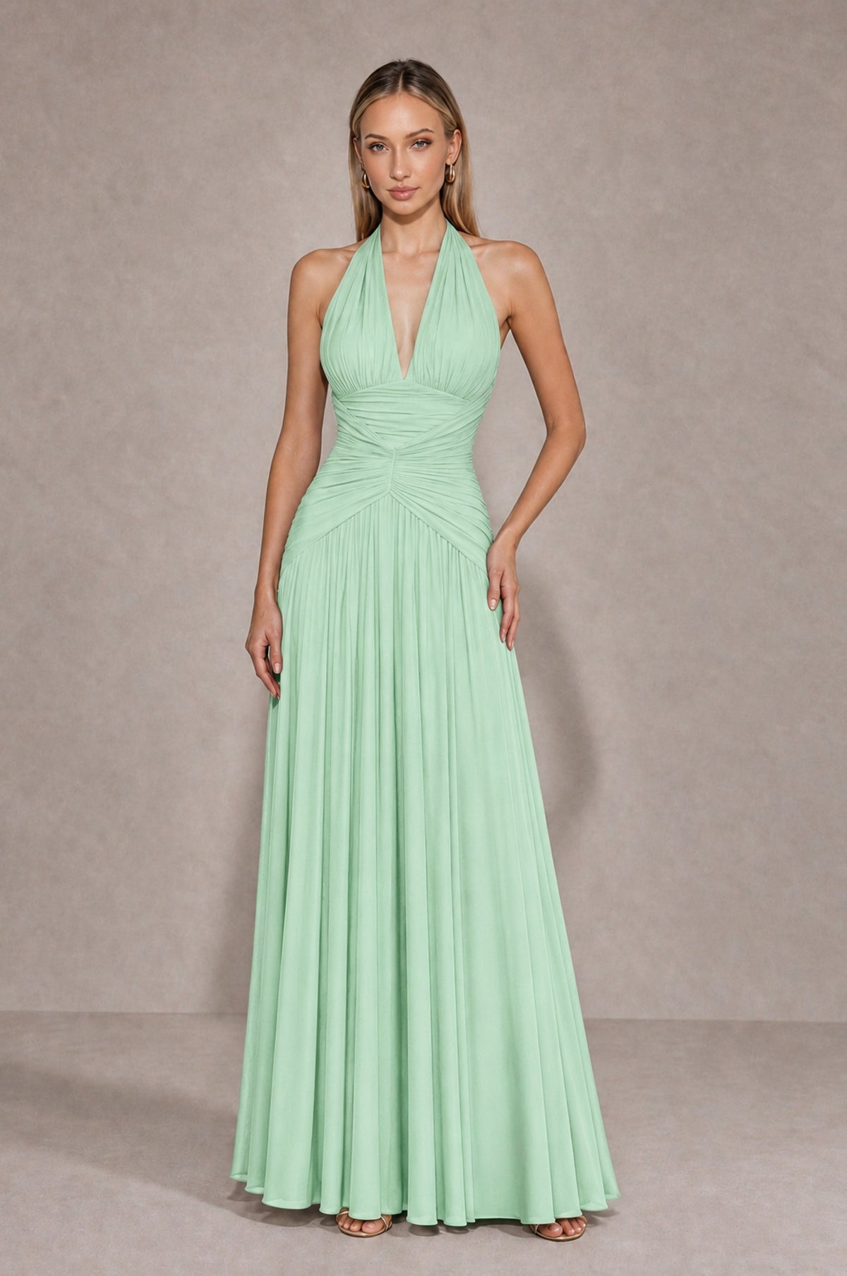 BOLODOO Mint Green Chiffon Halter Deep V-Neck Ruched A-Line Backless Maxi Dress with Train-BD0167 - Mint Green - Mint Green_1