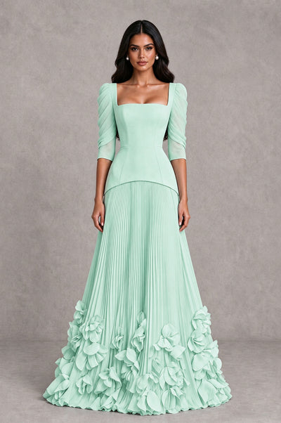BOLODOO Mint Green Square Neck Pleated Floral Applique Evening Dress - Mint Green - Mint Green_1
