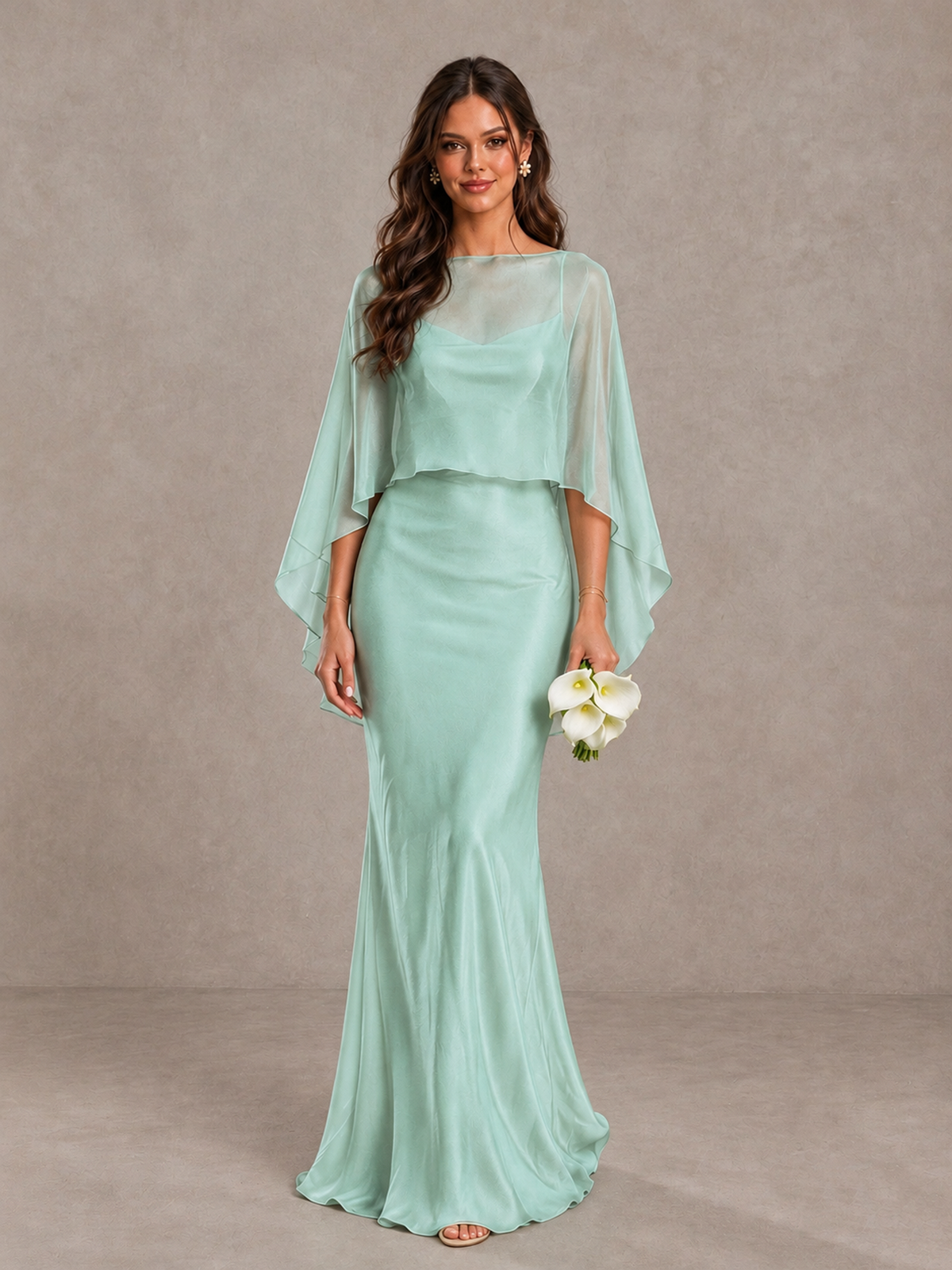 BOLODOO Mint Green Satin Mermaid Bridesmaid Dress with Chiffon Cape - Mint Green - Mint Green_1