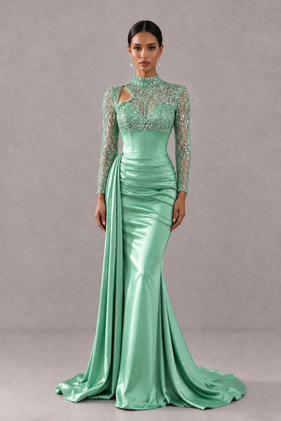 BOLODOO Mint Green Long Sleeve Embellished Satin Mermaid Evening Gown - Mint Green - Mint Green_1