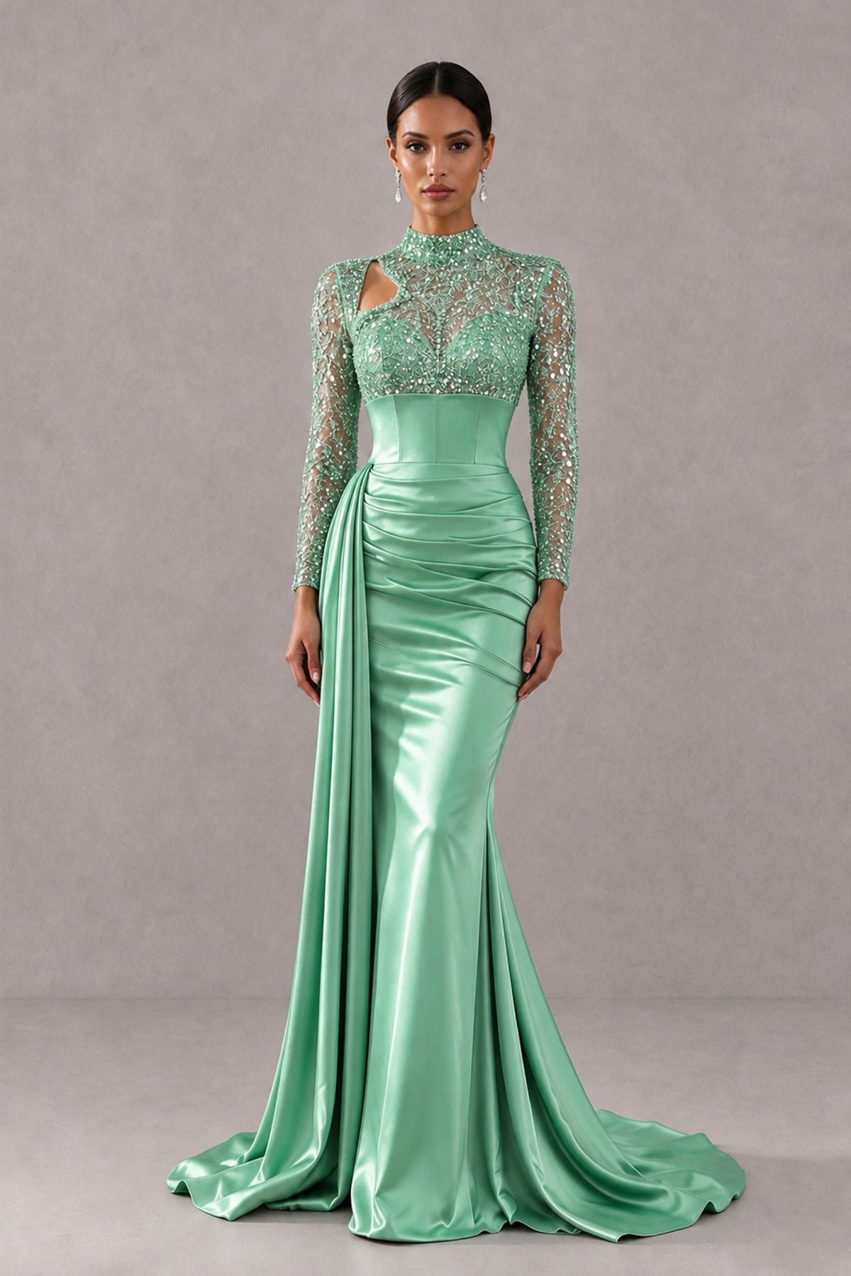 BOLODOO Mint Green Long Sleeve Embellished Satin Mermaid Evening Gown - Mint Green - Mint Green_1