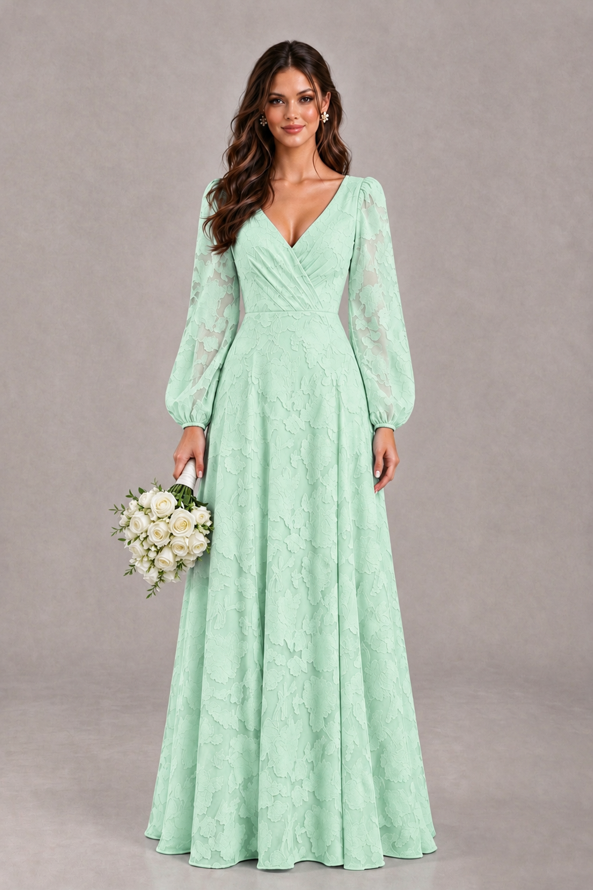BOLODOO Mint Green Long Sleeve V-Neck A-Line Mother of the Bride Dress - Mint Green - Mint Green_1