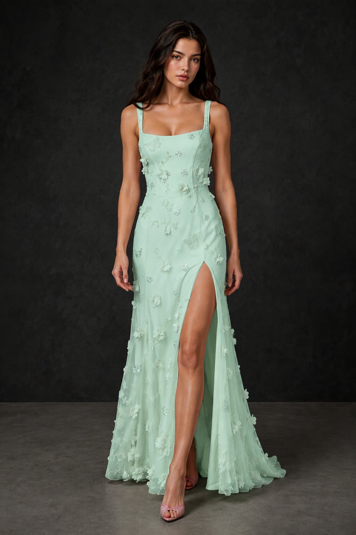 BOLODOO Mint Green 3D Butterfly Floral Tulle Maxi Gown – Lace-Up Back Slit Formal Dress - Mint Green