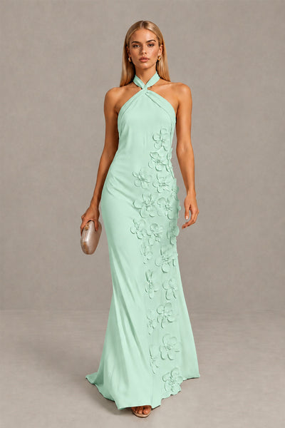 BOLODOO Mint Green Cross Halter Neck 3D Floral Appliqué Backless Mermaid Maxi Gown - Mint Green - Mint_Green_1