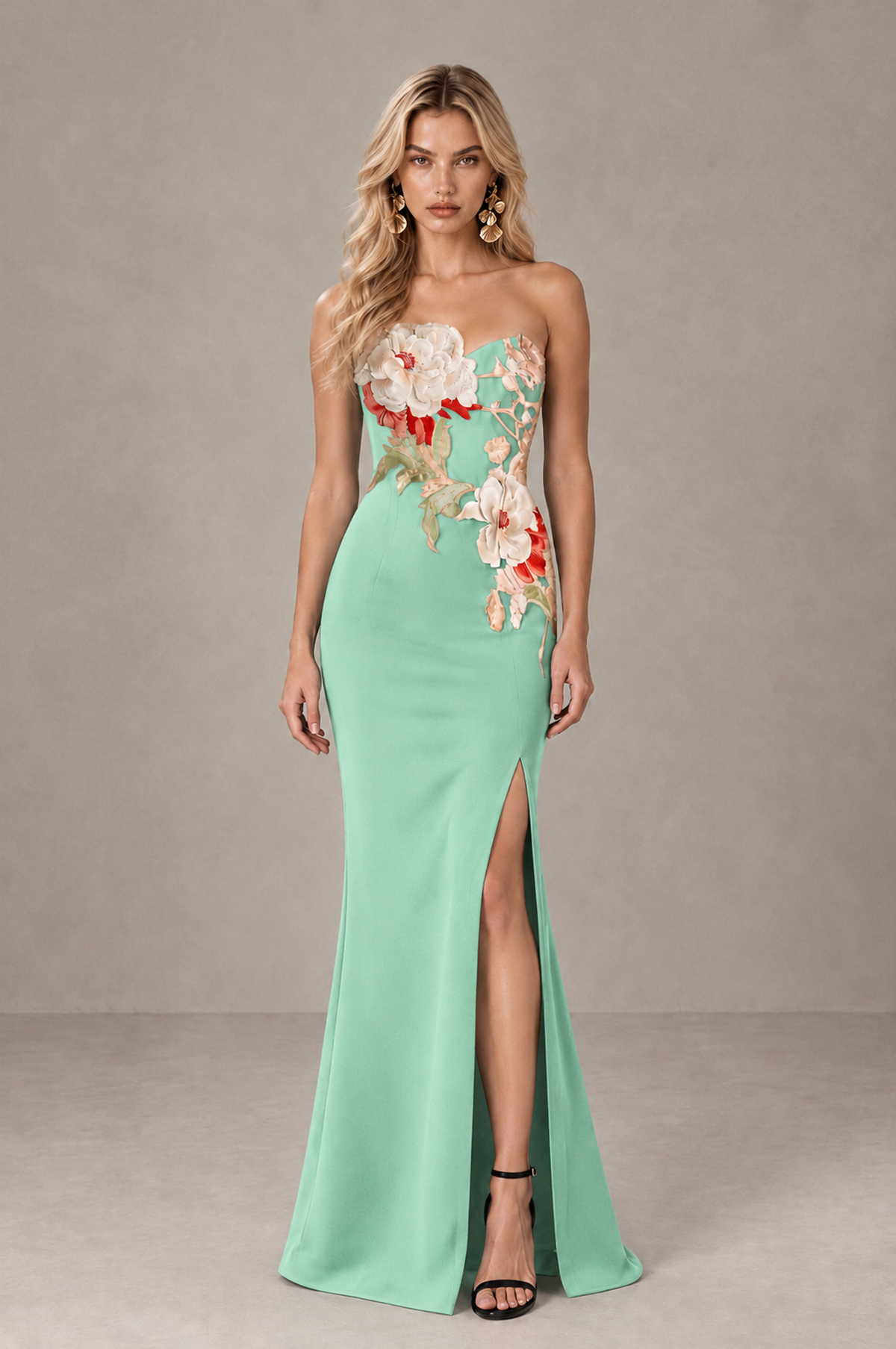 BOLODOO Mint Green Strapless Floral Mermaid Evening Dress with Slit - Mint Green - Mint_Green_1