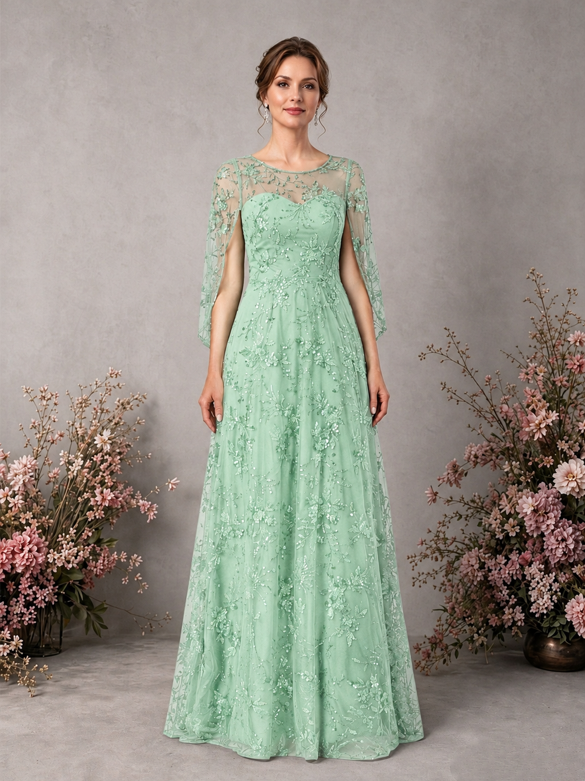 BOLODOO Mint Green Sequin Lace Cape Sleeve Formal Evening Gown - Mint Green - Mint Green_1