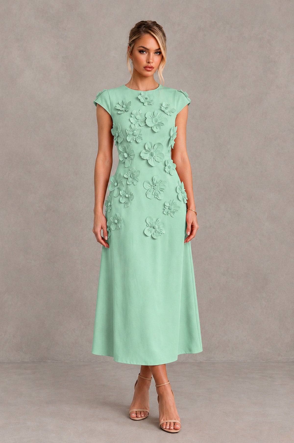 BOLODOO Mint Green 3D Floral Cap Sleeve Midi Cocktail Dress - Mint Green - Mint Green_1