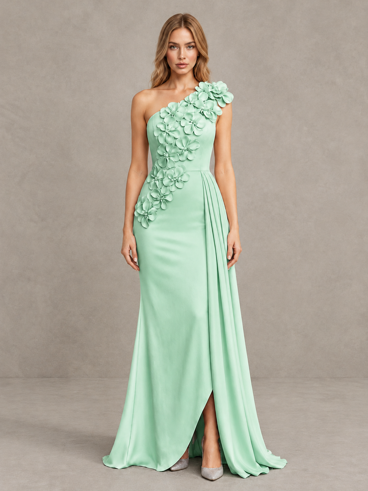 BOLODOO Mint Green One-Shoulder Satin Mermaid Evening Gown with 3D Floral Appliqué - Mint Green - Mint Green_1