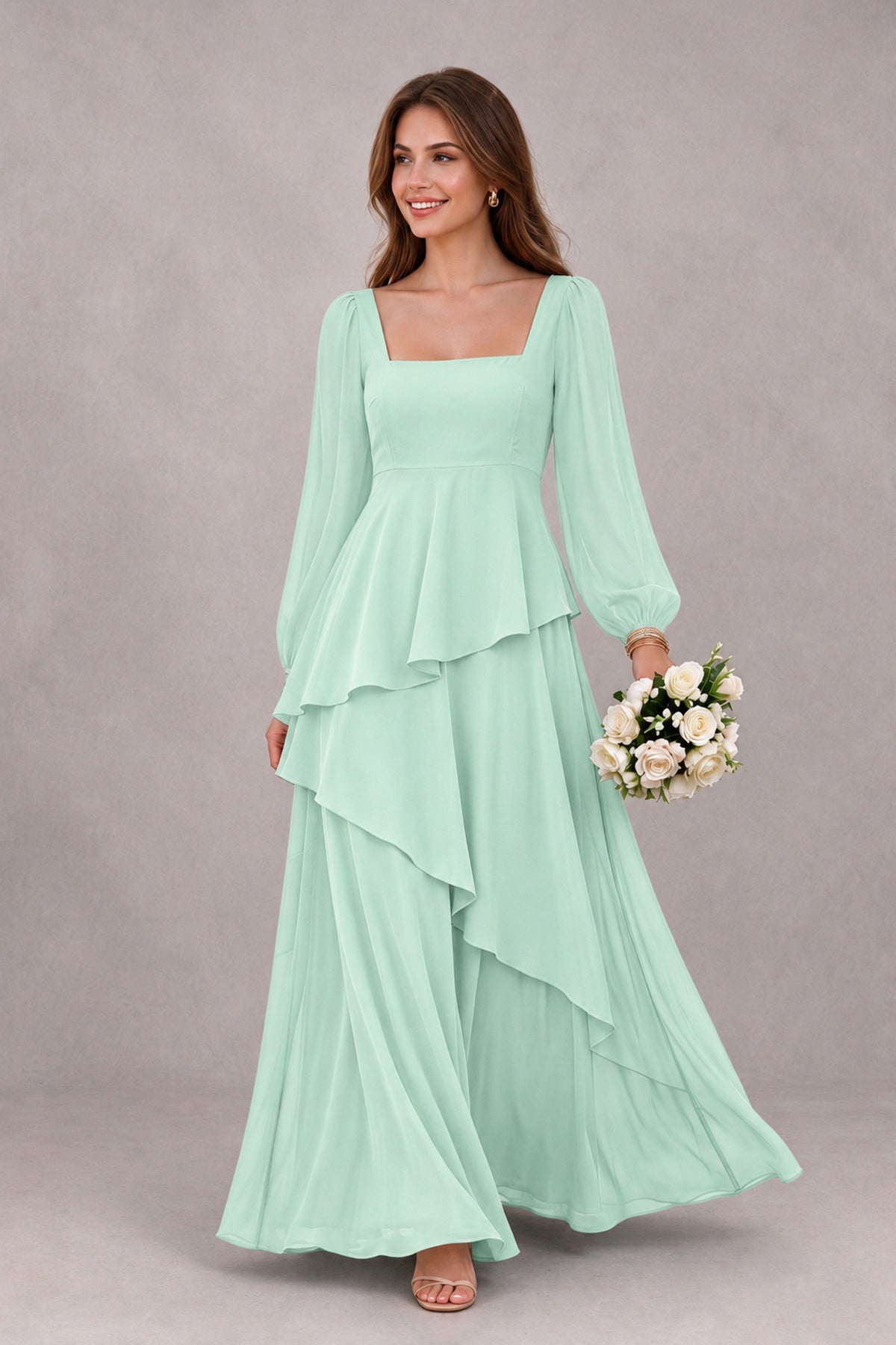 BOLODOO Mint Green Long Sleeve Ruffle Bridesmaid Dresses - Mint Green - Mint Green_1