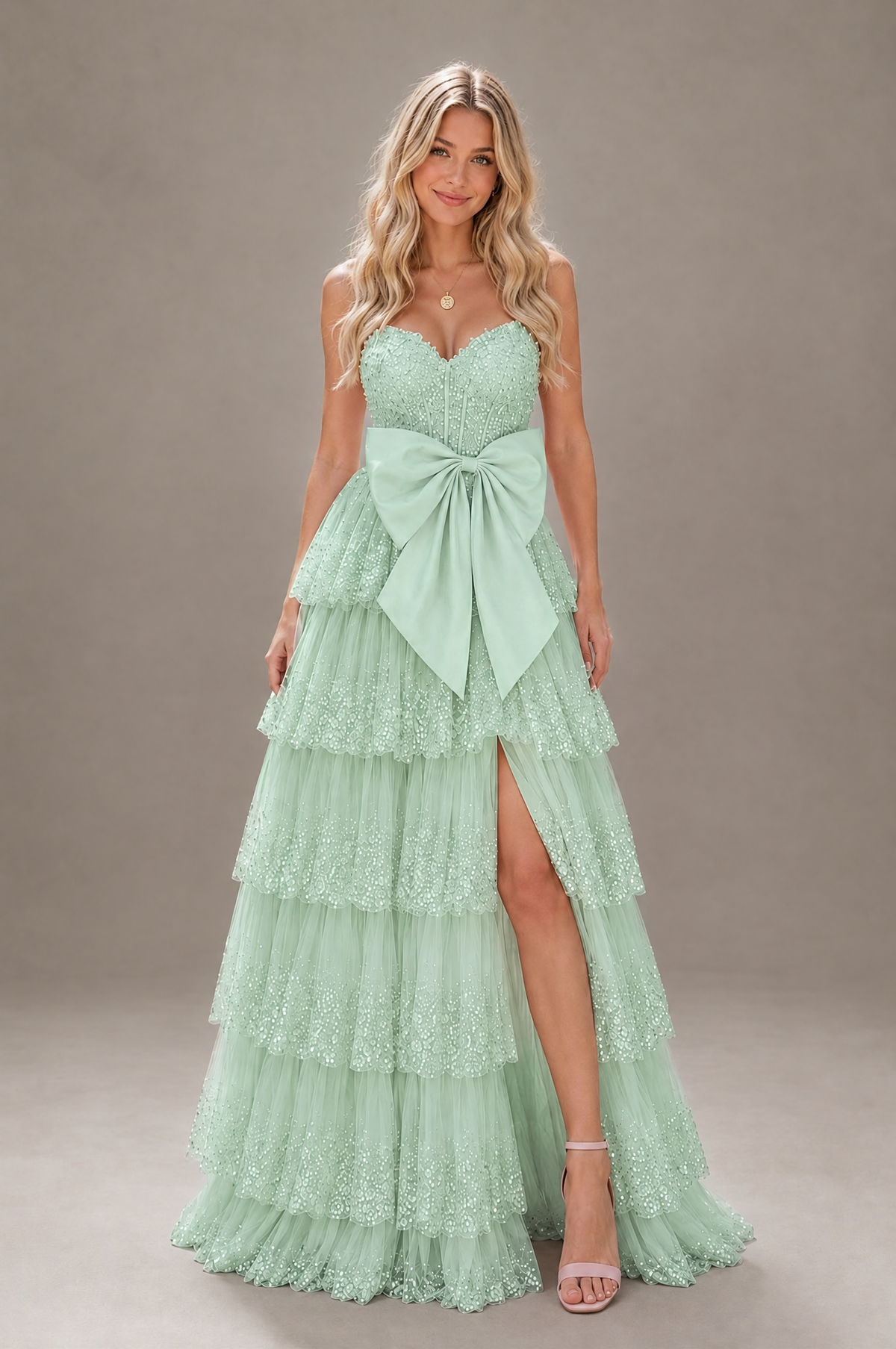 BOLODOO Mint Green Strapless Tiered Tulle Prom Dress with Bow - Mint Green - Mint_Green_1