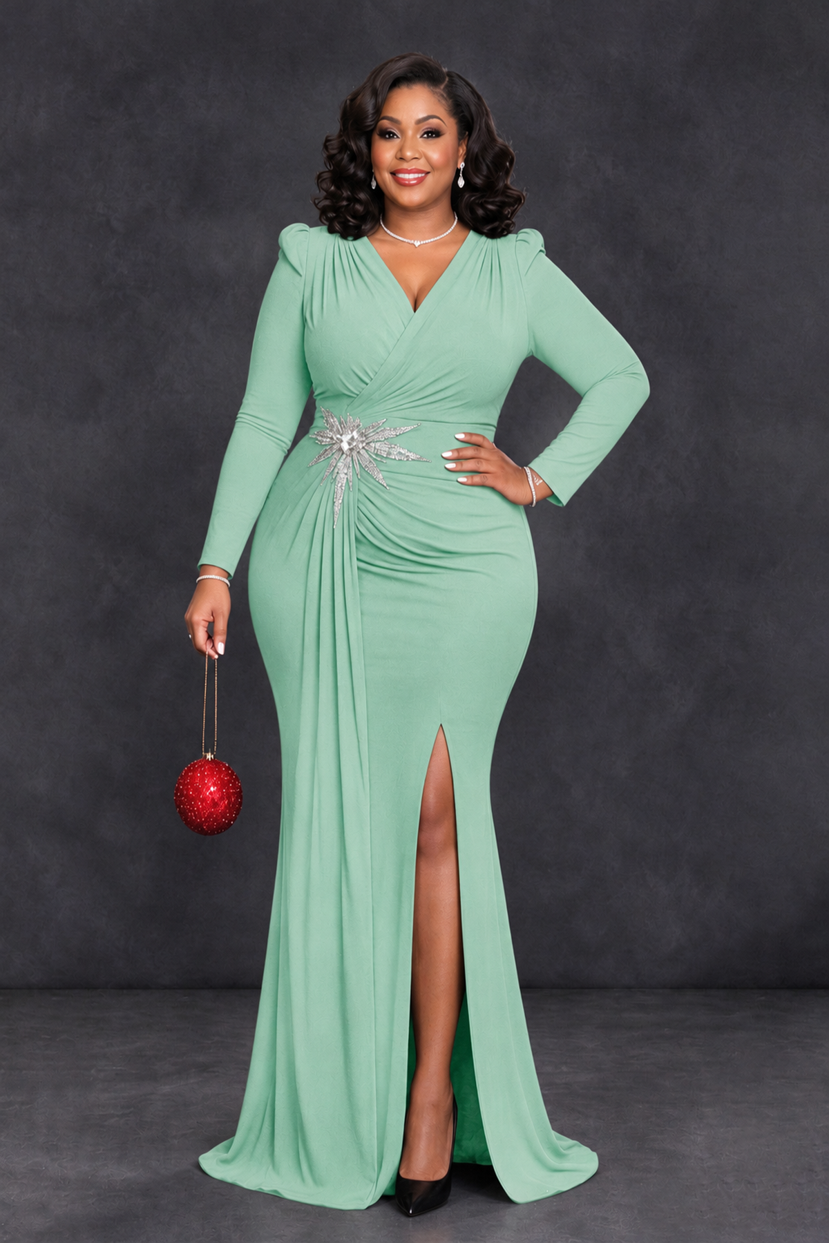 BOLODOO Mint Green Plus Size Long Sleeve V-Neck Mother of the Bride Dress with Slit - Mint Green - Mint Green_1