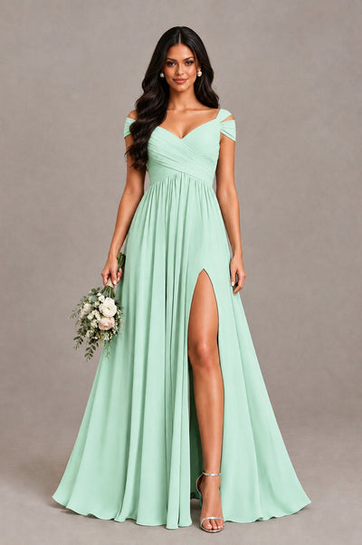 BOLODOO Mint Green Cold Shoulder Chiffon Evening Dress with V Neck and High Slit - Mint Green - Mint Green_1