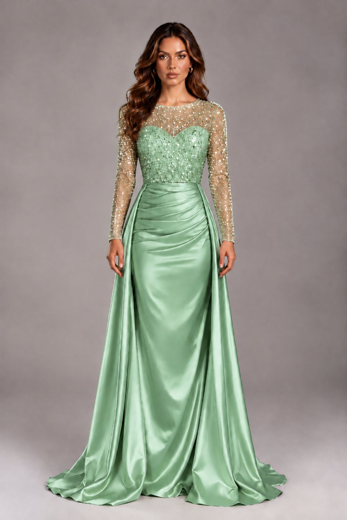 BOLODOO Mint Green Long Sleeve Embellished Satin Evening Gown with Sweep Train - Mint Green - Mint Green_1
