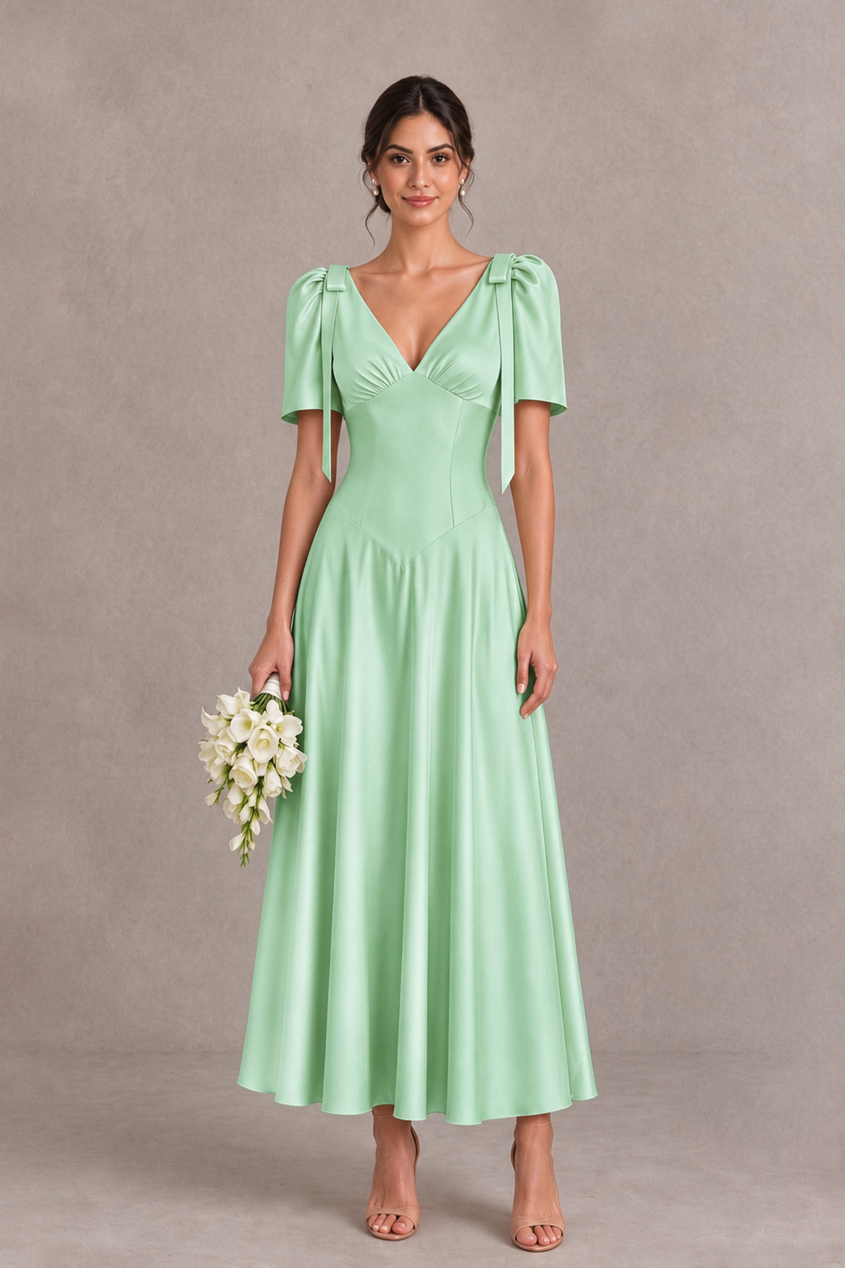 BOLODOO Mint Green V-Neck Short Sleeve Satin-Look Bridesmaid Dress with Shoulder Bows - Mint Green - Mint Green_1