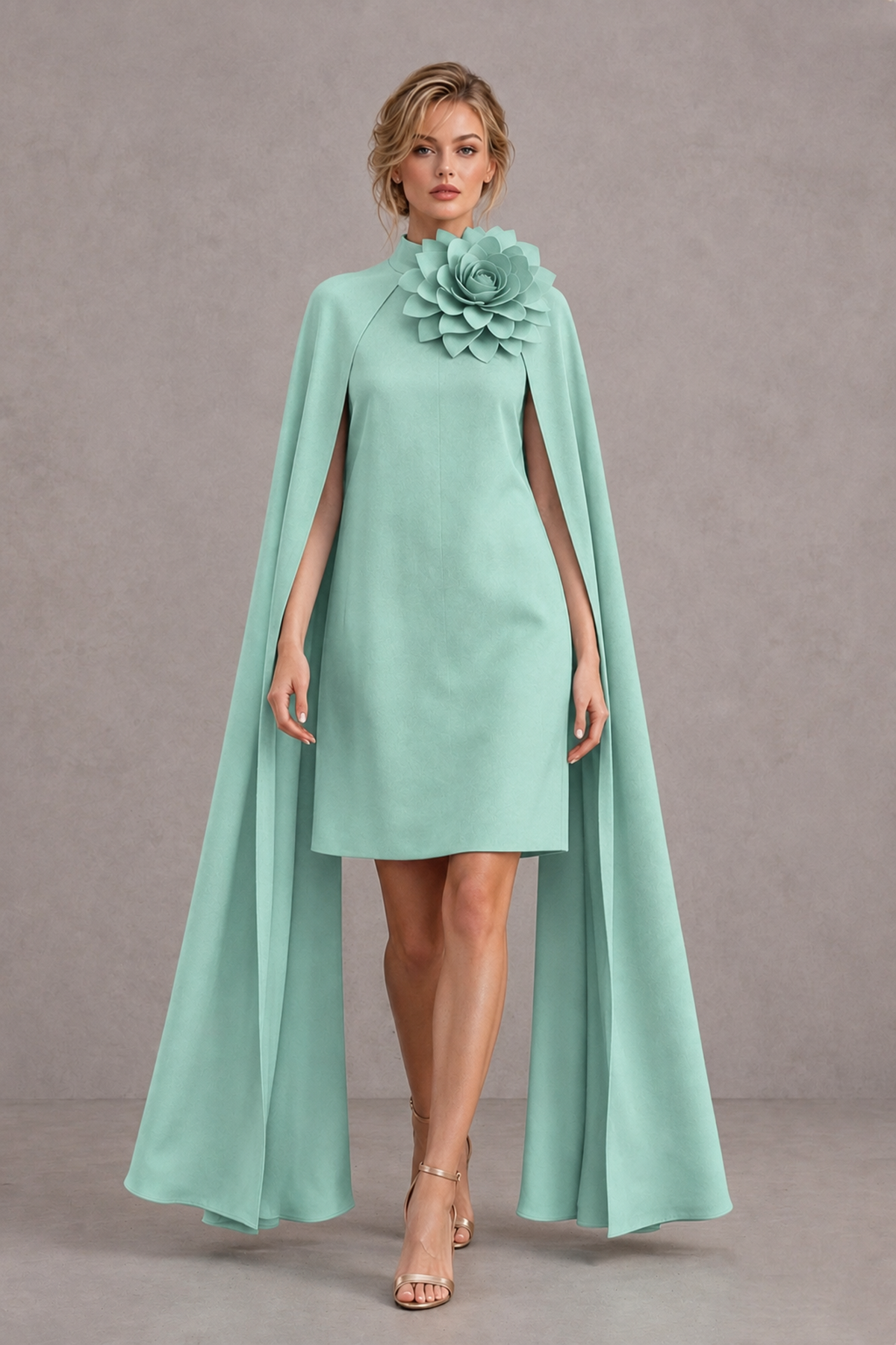 BOLODOO Mint Green High Neck Floral Cape Mini Cocktail Dress - Mint Green - Mint Green_1