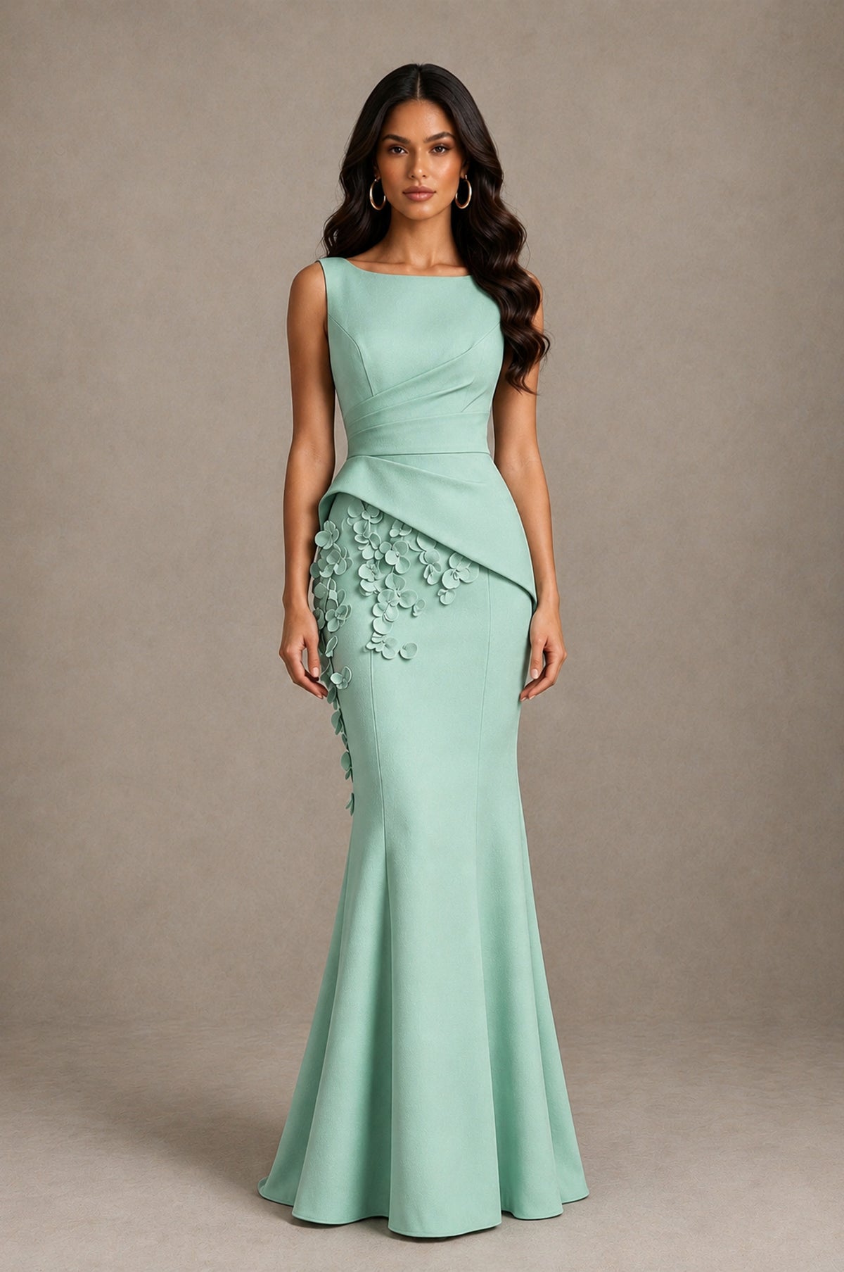 BOLODOO Mint Green Bateau Neck Sleeveless Asymmetric Peplum 3D Petal Appliqué Mermaid Gown BD0421 - Mint Green - Mint Green_1