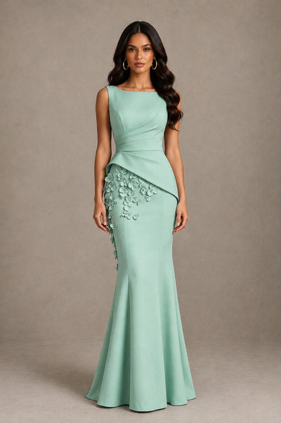 BOLODOO Mint Green Bateau Neck Sleeveless Asymmetric Peplum 3D Petal Appliqué Mermaid Gown BD0421 - Mint Green - Mint Green_1
