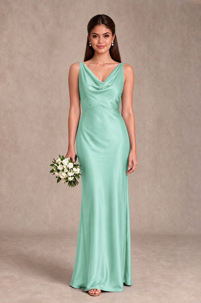 BOLODOO Mint Green Cowl Neck Open Back Satin Bridesmaid Dress - Mint Green - Mint Green_1