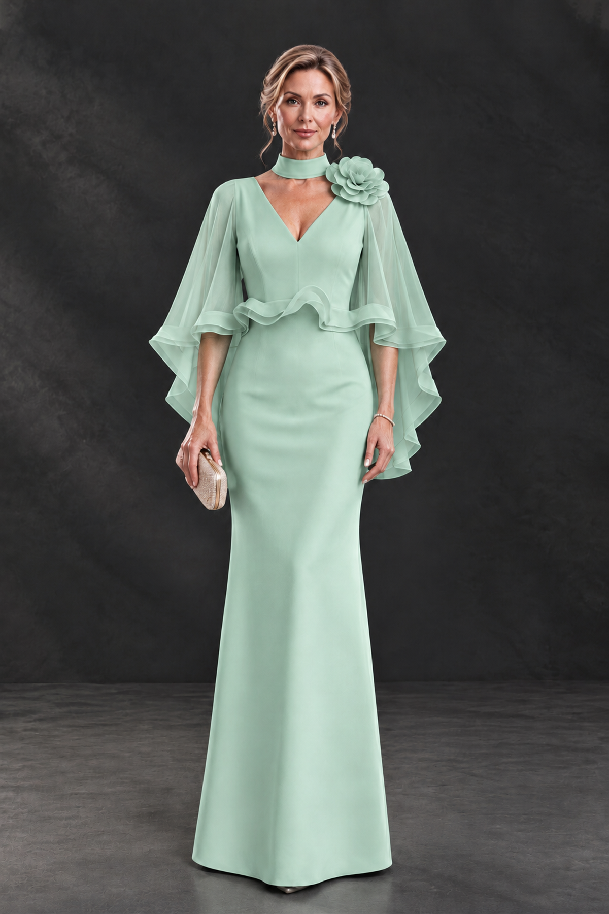 BOLODOO Mint Green Floral Cape Sleeve Mother of the Bride Dress - Mint Green - Mint_Green_1
