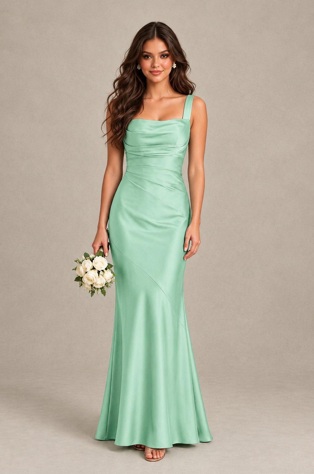 BOLODOO Mint Green Square Neck Ruched Satin Lace-Up Bridesmaid Dress - Mint Green - Mint Green_1