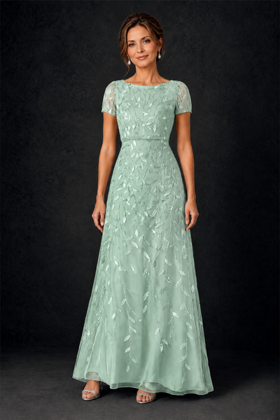 BOLODOO Mint Green Leaf Embroidered A-Line Formal Gown with Cap Sleeves - Mint Green - Mint_Green_1