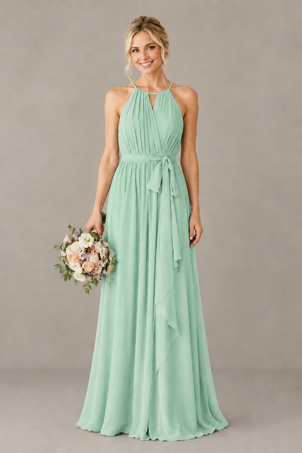 BOLODOO Mint Green Halter Chiffon Bridesmaid Dress with High Slit - Mint Green