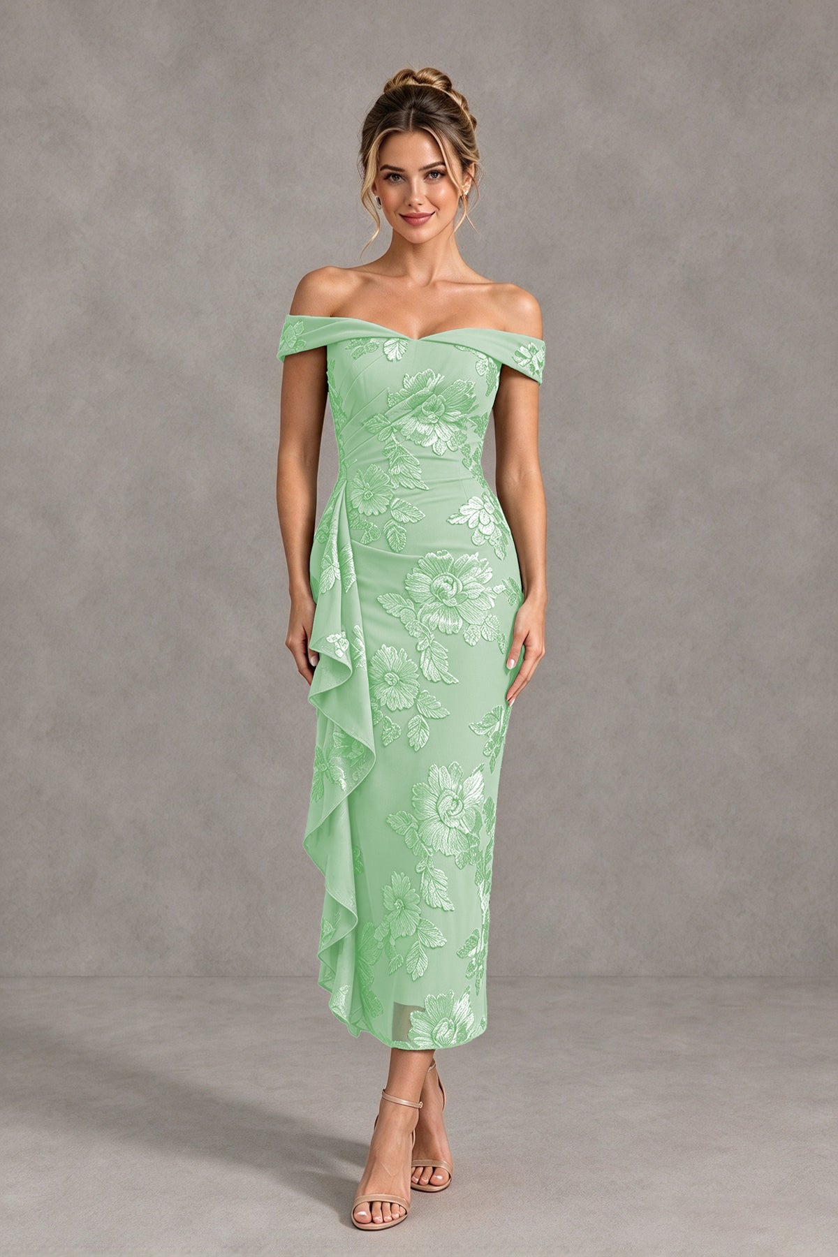 BOLODOO Mint Green Off Shoulder Floral Jacquard Midi Dress - Mint Green - Mint Green(1)