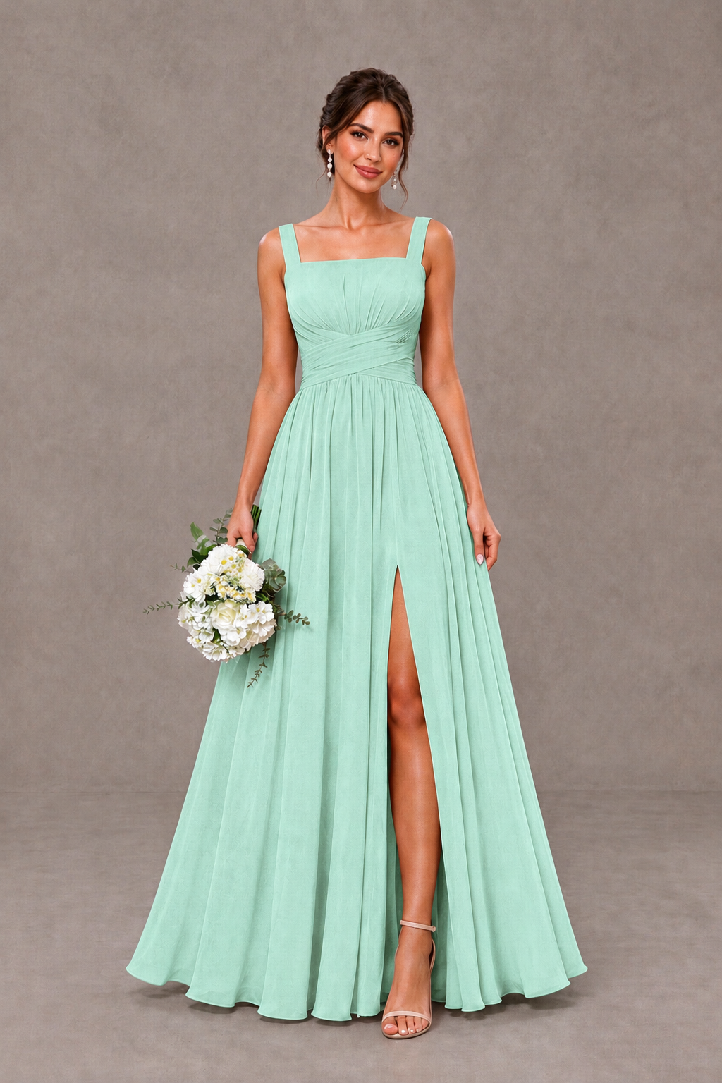BOLODOO Mint Green Square Neck A-Line Bridesmaid Dress with Slit - Mint Green - Mint Green_1