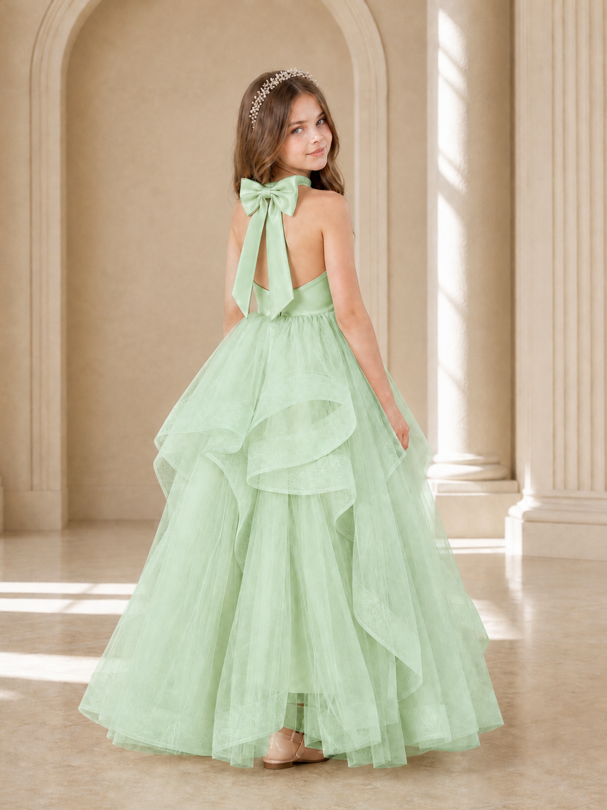 BOLODOO Mint Green Halter Tiered Tulle Flower Girl Dress with Bow Back - Mint Green - Mint Green_1